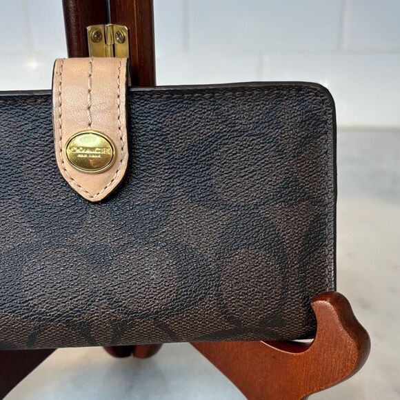 Coach Wallet Signature Logo Coated Canvas Slim Brown Tan Black Designer - Picture 3 of 16